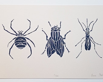 Linocut Insects - original art print, cabinet of curiosities, hand ecarved and printed, entomology illustration, natural home decor