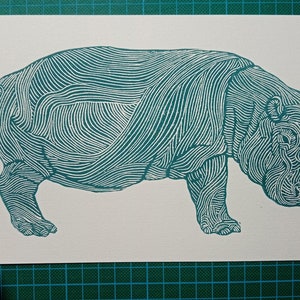 linocut HIPPOPOTAMUS original art print, savannah animals, nature artwork, limited edition, zoological illustration, hand carved and printed image 3