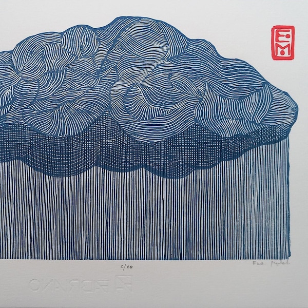 linocut Downpour  - original art print, nature wall art, rain, limited edition, hand engraved and hand printed, nature decor, blue artwork