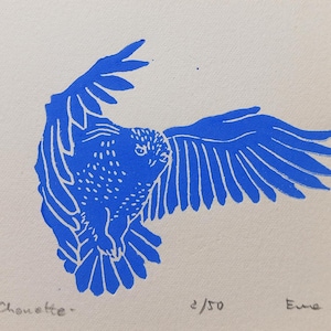 Linogravure Chouette - impression d'art originale, art animalier, cabinet de curiosités, illustration ornithologique, oiseau de nuit