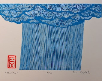 Linocut Rainy - original art print, nature wall art, rain, limited edition, hand carved and hand printed, nature decor, blue artwork
