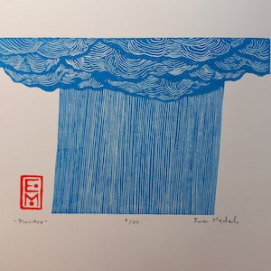 Linocut Rainy - original art print, nature wall art, rain, limited edition, hand carved and hand printed, nature decor, blue artwork