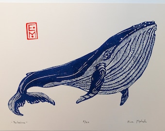 linocut Whale - original art print, hand engraved and printed, marine art, nature art, blue print