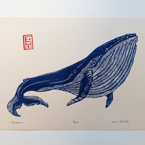linocut Whale - original art print, hand engraved and printed, marine art, nature art, blue print