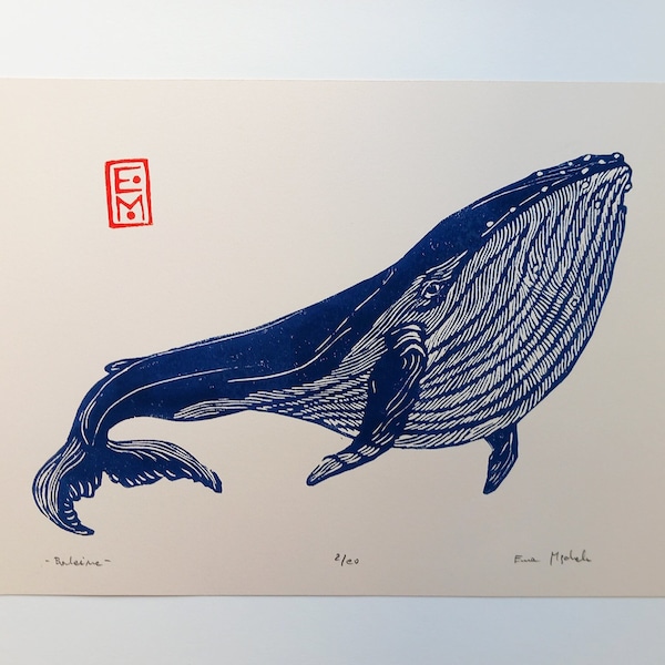 linogravure Baleine - impression d'art originale gravé et imprimé à la main, art marin, art de la nature, estampe bleu