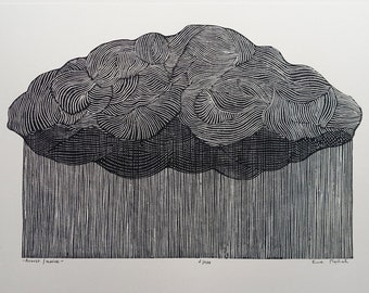 Linocut Black Downpour, original art print, nature wall art, rain, limited edition, hand carved and hand printed, nature decor