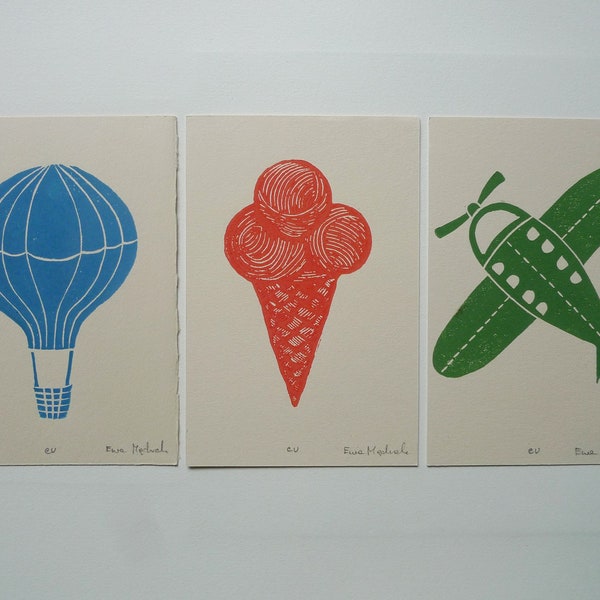 En vacances - lot, linogravure, impression d'art originale, jouets, avion, ballon, glace, ensemble de décoration de chambre d'enfant