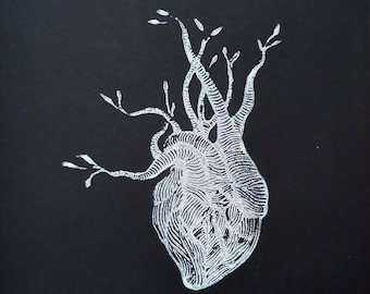 Linogravure Cœur blanc - impression d'art originale, Victorien Art gothique, édition limitée, illustration anatomique, impression botanique