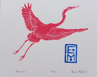 linocut Crane bird, original art print, ready for frame nature art, limited edition, minimalist ornithological decoration, hand printed