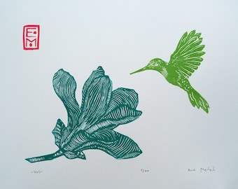 Vuelo Linograbado - impresión de arte original, arte de la naturaleza, ilustración ornitológica, firmada y numerada por el artista, pájaro, colibrí