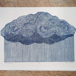 linocut Downpour - impresión de arte original, arte de la pared de la naturaleza, lluvia, edición limitada, grabado e impreso a mano, impresión de arte de la naturaleza