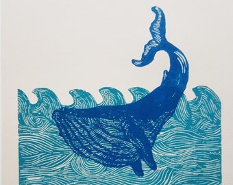 linocut Into the Ocean - original art print, blue whale, limited edition, hand engraved and printed, marine art, zoological illustration