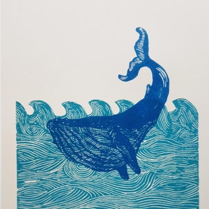Linocut Into the Ocean - original art print, blue whale, limited edition, hand engraved and printed, marine art, zoological illustration