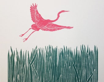 linocut Crane - original art print, ready for frame, nature art, bird, limited edition, engraved and hand printed, idyllic landscape