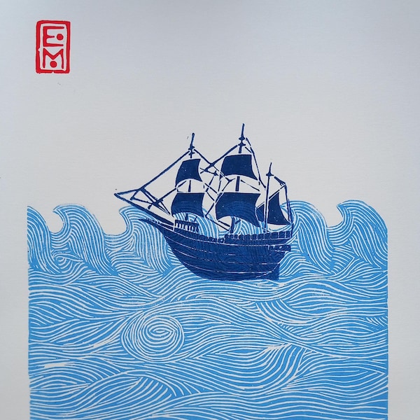 Linocut Into the Ocean 2 - original art print, limited edition, hand engraved and printed, marine art, sailing boat, seascape