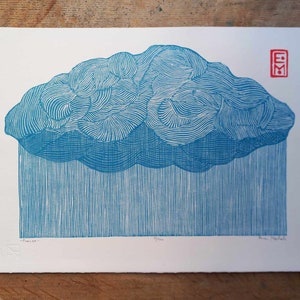 linocut Downpour - impresión de arte original, arte de la pared de la naturaleza, lluvia, edición limitada, grabado e impreso a mano, impresión de arte de la naturaleza