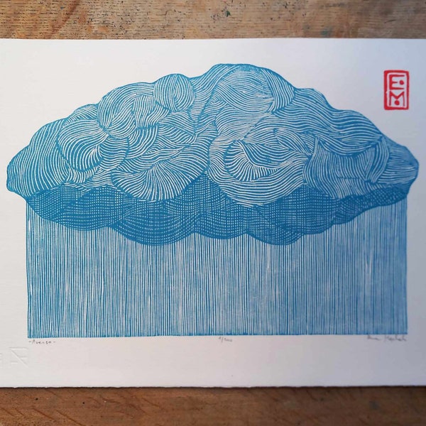 linocut Downpour  - original art print, nature wall art, rain, limited edition, hand engraved and hand printed, nature decor, blue artwork