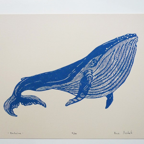 linocut Whale - original art print, hand engraved and printed, marine art, nature art, limited edition, blue print