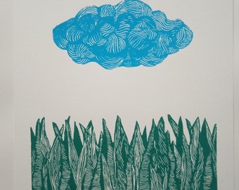 Vor dem Regen Linolschnitt, Original Kunstdruck, minimalistische Landschaft, bewölkter Himmel, limitierte Auflage Illustration, Naturkunst