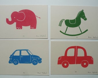 Toys - lot, linocut, original art print, nursery decor set, elephant, rocking horse, small cars, kids room decor set