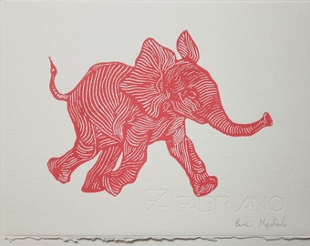 linocut print Small elephant - original art print, African animals, cute animal
