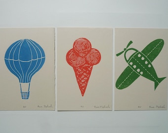 On vacation - lot, linocut, original art print, toys, airplane, balloon, ice cream, kids room decor set.