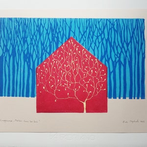 linocut Red house in the woods original art print, nature art, forest artwork, limited edition, hand carved and printed, multiblock print image 1