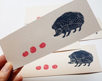 Hedgehog bookmark-linocut, original art print, forest animals, nature art, zoological illustration, cute animal, hand engraved, hand-printed