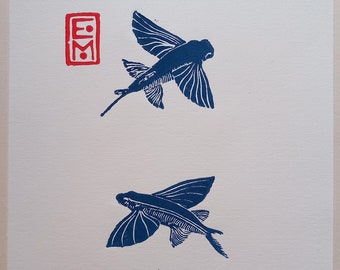 linogravure Poissons volants - impression d'art originale, gravé et imprimé à la main, illustration zoologique, minimaliste art de la nature