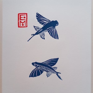 linogravure Poissons volants - impression d'art originale, gravé et imprimé à la main, illustration zoologique, minimaliste art de la nature