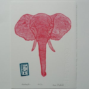 Linocut słoń oryginalny nadruk artystyczny, zwierzęta afrykańskie, portret, zwierzęta sawanny, edycja limitowana, ilustracja zoologiczna