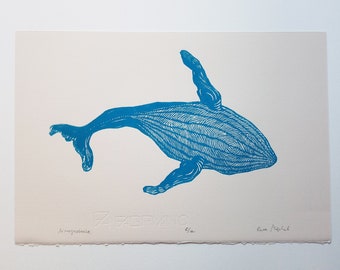 linocut print Whale - original art print, nature wall art, limited edition