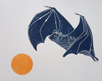linocut print Bat hunting - original art print, nature wall art, limited edition