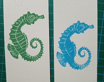 bookmark Seahorse - linocut, original art print, hand carved and hand printed, zoological board, ocean art, blue artwork, sea animal art