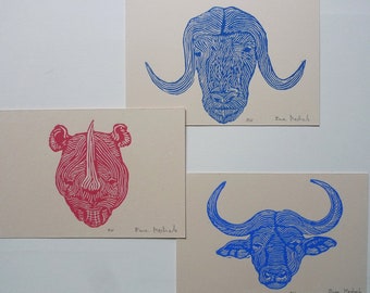 Savannah animals - lot, linocut, original art print, Rhinoceros, Buffalo, nature wall art, zoological illustration, portrait