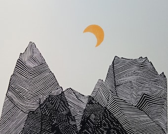 linocut Yellow Moon, original art print, minimalist and fantastic mountain landscape, limited edition, rock climbing, mountaineering artwork