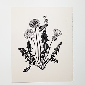 Linocut Dardelions Flower, original art print, plant art, black and white print, botanical illustration, medicinal herbs, floral art, garden