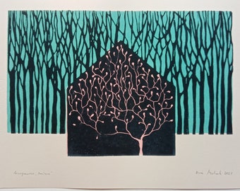 linocut print House in the woods - original art print, landscape art, forest