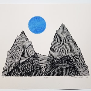 linocut Night - original art print, minimalist and fantastic landscape, limited edition, climbing, mountaineering, mysterious moon, line art