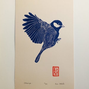 Linogravure Mésange en vol - impression d'art originale, nature art, illustration ornithologique, signé et numéroté par l’artiste, oiseau