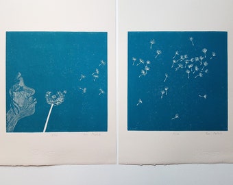 diptych linocut Dandelion - original art print, poetic illustration, floral art, nature wall art, limited edition