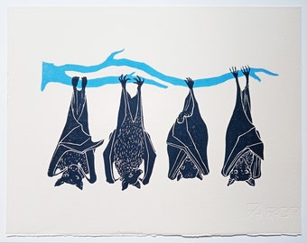linocut Sleeping bats - original art print hand carved and printed, nature art, limited edition, minimalist artwork, zoological illustration