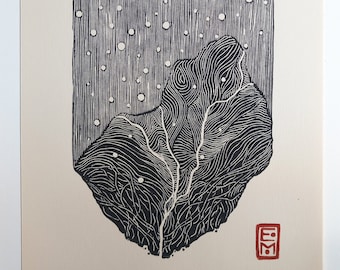 Black meteorite linocut, original art print, blue wall art, original nature artwork, hand carved and printed, minimalist print