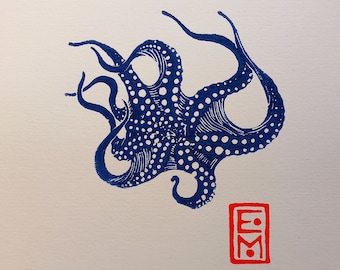 Linocut Ink octopus - original art print, limited edition, zoological illustration, minimalist nature art,  hand carved and hand printed