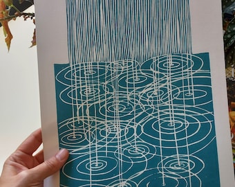 Linocut RAIN turquoise- original art print, nature wall art, hand carved and hand printed, nature artwork
