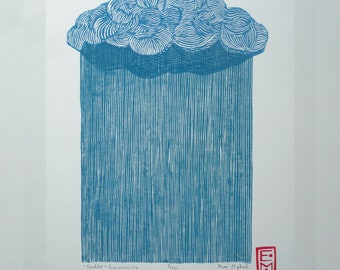 Linocut  Heavy Rain - original art print with a red monogram, nature wall art, limited edition, rain, hand carved, hand printed, rain cloud