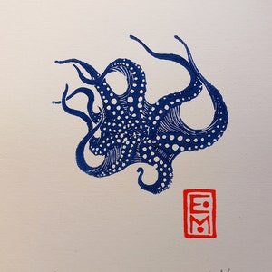 Linolschnitt-Oktopus-Tinte, Original-Kunstdruck, Druck, limitierte Auflage, zoologische Illustration, minimalistische Naturkunst