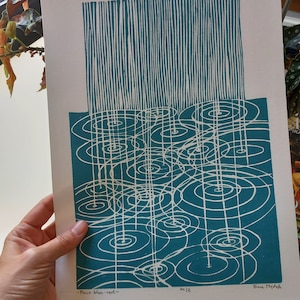 Linocut RAIN turquoise- original art print, nature wall art, hand carved and hand printed, nature artwork