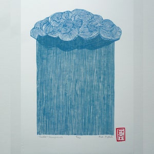 Linocut  Heavy Rain - original art print with a red monogram, nature wall art, limited edition, rain, hand carved, hand printed, rain cloud