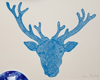 Linocut Reindeer, original art print, animal art, nature art, forest animals, christmas decoration, zoological illustration, animal portrait